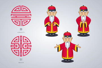 et of vector illustration gray-haired Asian old man in national clothes in different poses. Ancient symbol of longevity and wealth.