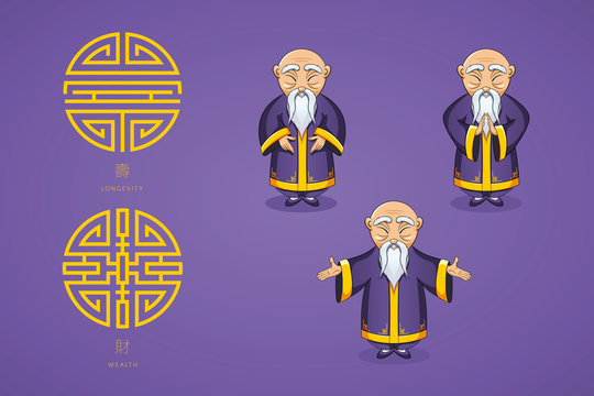 et of vector illustration gray-haired Asian old man in national clothes in different poses. Ancient symbol of longevity and wealth.