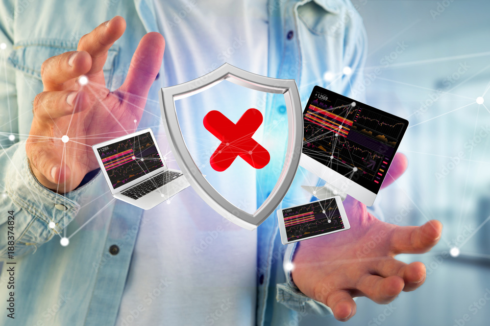 Poster hacked shield symbol surrounded by devices and network displayed on a futuristic interface