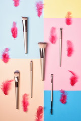 Set of professional make-up brushes. Make up tools on colored composed background.  Top view, flat lay. Pink feather