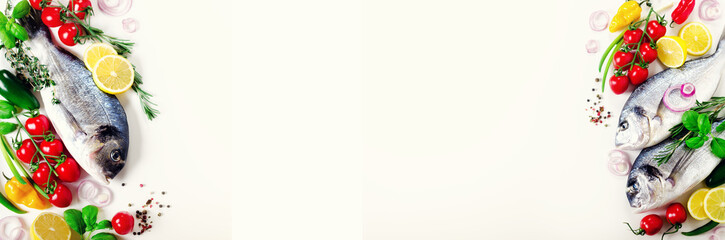 Fresh uncooked fish, dorado, sea bream with lemon, herbs, vegetables and spices on white background. Top view. Banner