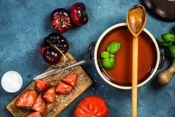Cooking homemade gazpacho or tomato soup