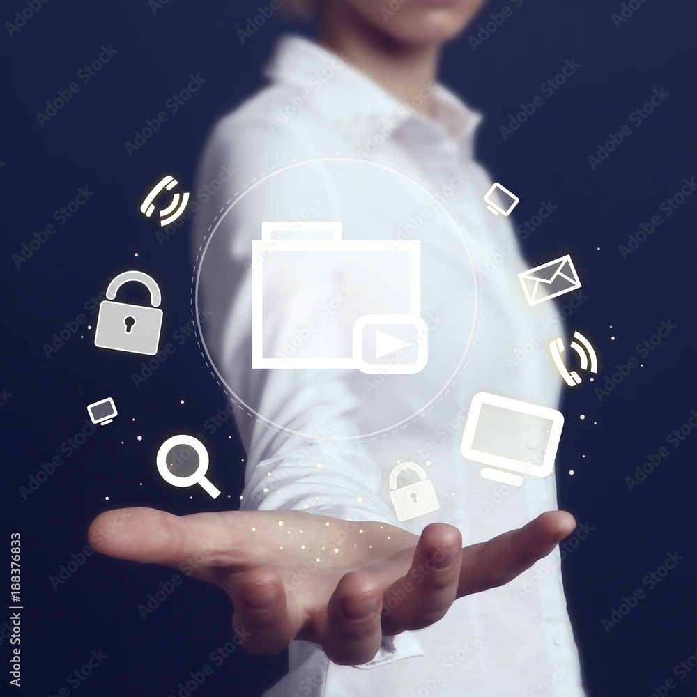 Poster businessman presses button file communication network.