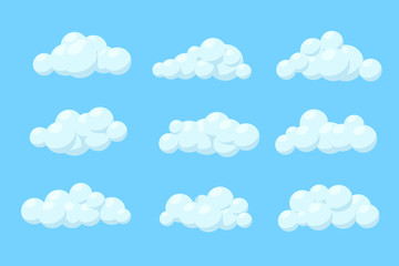 Set of cartoon vector clouds. Isolated Illustration on blue background.