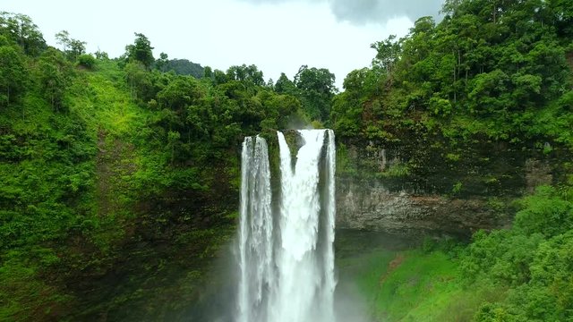 Tad Xe Katam Waterfall In Bolaven Laos. Aerial view by drone 4k camera.