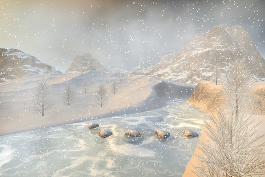 Winter, a snowy landscape, a frozen river, stones, trees and a foggy background.