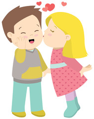 Cute Little Girl Kissing a Boy Valentines Day Card Vector Flat Illustration Isolated on White