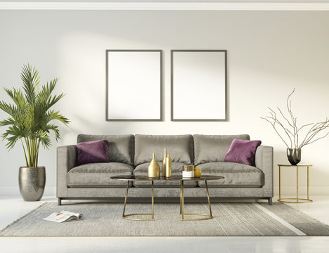 Classic elegant luxury white interior with a grey sofa
