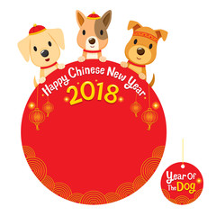 Happy Chinese New Year 2018 Texts With Dogs On Circle Frame Decoration, Traditional Celebration, China, Spring Festival, Animal
