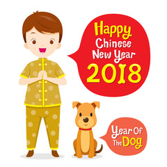 Boy In Chinese Clothing With Dog, Chinese New Year, Year Of The Dog, Traditional Celebration, China, Spring Festival, Animal