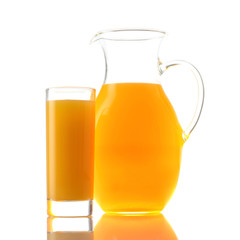 Jug and glass of orange juice isolated on white