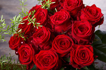 Luxury bouquet made of red roses in flower shop Valentines Bouquet of red roses
