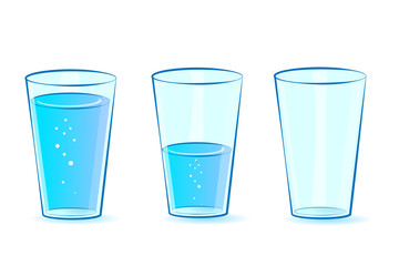 Glasses set for water. Glasses: full, empty, half-filled with water. Vector