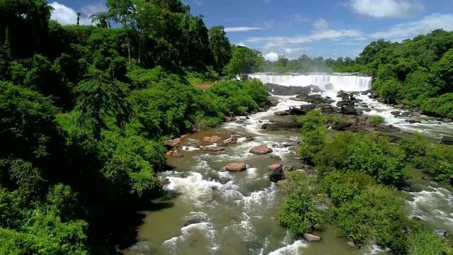 Sae Pra Lai waterfall in Laos. Aerial view by drone 4k camera.