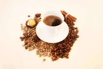 Cup coffee, beans , cinnamon, star anice, sweet. Candid.