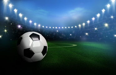 Fototapeta na wymiar 3D Rendered black and white soccer ball on green field in the football stadium
