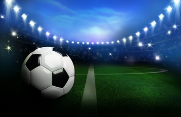 Fototapeta na wymiar 3D Rendered black and white soccer ball on green field in the football stadium