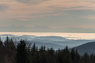 Fototapeta na wymiar Schnee bedeckte Landschaft im Bayerischen Wald mit Blick auf die Alpen, Bayern, Deutschland
