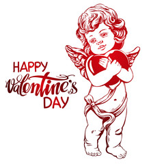 angel or cupid, little baby holds a heart, Valentines day, love, greeting card hand drawn vector illustration realistic sketch