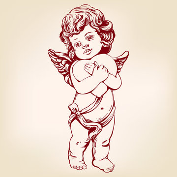 angel or cupid, little baby holds a heart, Valentines day, love, greeting card hand drawn vector illustration realistic sketch