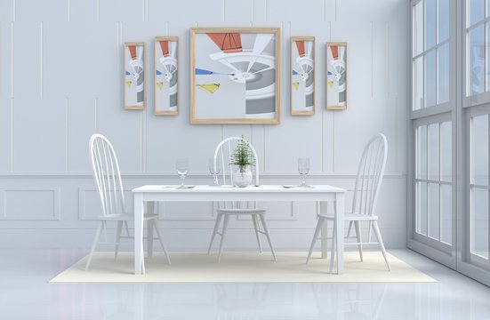 White eating room decorated with tree in vase glass,white chair and desk,window,flower,fork,spoon,wine
 glass,picture, sky.  White wall. The sun shines through the window into the shadow. 3d render.