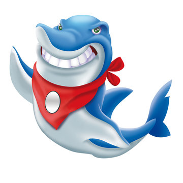 Angry blue shark mascot cartoon character with red bandana