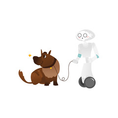 Wheeled robot assistant walking the dog on a leash, artificial intelligence concept, flat cartoon vector illustration isolated on white background. Funny robot character walking a big brown dog