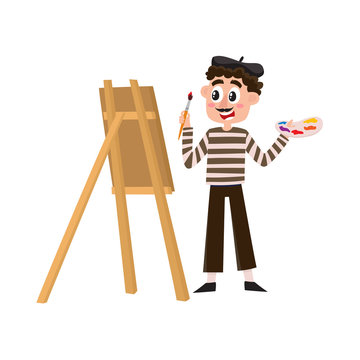 French painter, artist having mustache, striped shirt and beret, cartoon vector illustration isolated on white background. Typical, stereotypical French artist, painter in beret holding brush