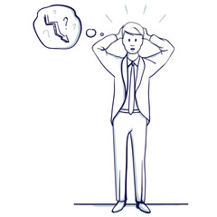 Young business man stands. He holds his hands to his head. The failure, defeat, trend fall. Hand drawn doodle cartoon vector illustration..