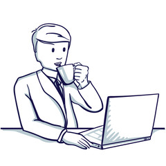Young business man sitting at the table, next to his laptop and drinking tea. Hand drawn doodle cartoon vector illustration..
