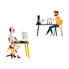vector cartoon futuristic people robots interactions icons. Female robot working at desktop pc, cyborg playing chess with man. Brain technology, artificial intelligence. Isolated illustration
