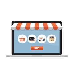 Online shopping concept. Open laptop with screen buy.  Flat style, vector illustration.