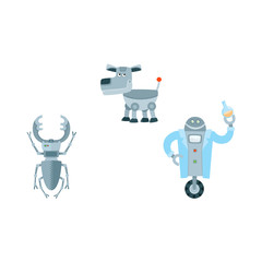 Funny flat robots set. Humanoid chemist in robe with wheel holding test-tube, mechanical dog with antenna-tail, scarab. Modern technology, artificial intelligence concept. Isolated vector illustration