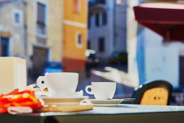 Coffee cups on table of cafe or restaurant
