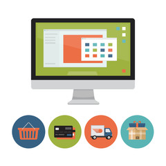Online shopping concept. Monitor screen with screen buy. Shopping icons. Flat style, vector illustration.