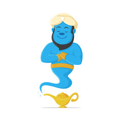 Genie and magic lamp vector cartoon mascot illustration - obrazy, fototapety, plakaty