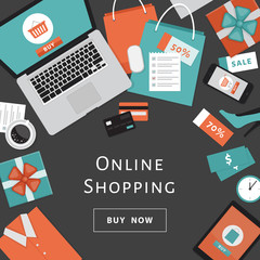 Online shopping concept. Online store objects and banner. Table with laptop, shopping bags, credit cards, gifts and coupons. Flat style, vector illustration.