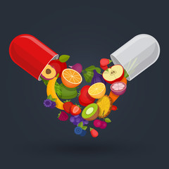 Medical capsule with fruit and vegetables. Vitamins and supplements. Different fruit in capsule. Flat style, vector illustration.