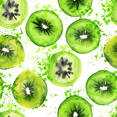 Qiwi slice seamless hand draw art pattern with watercolor splashes. Summer fruit qiwi repeat background with green round qiwi slices and watercolor elements