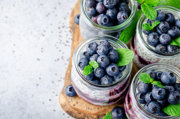 Chia pudding with blueberry and jam