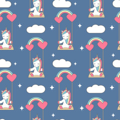 Jolie jolie illustration de fond vectorielle continue avec une licorne assise sur une balançoire arc-en-ciel
