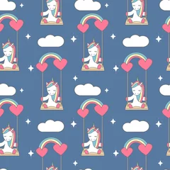 Wallpaper murals Unicorn cute lovely seamless vector pattern background illustration with unicorn sitting on a rainbow swing