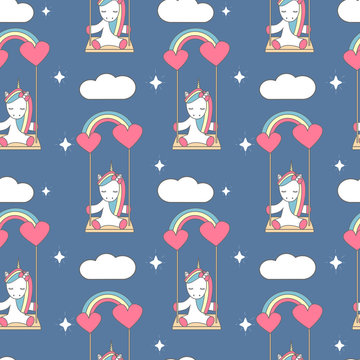 Fototapeta cute lovely seamless vector pattern background illustration with unicorn sitting on a rainbow swing