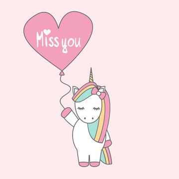 cute cartoon vector unicorn with balloon with hand drawn lettering miss you text