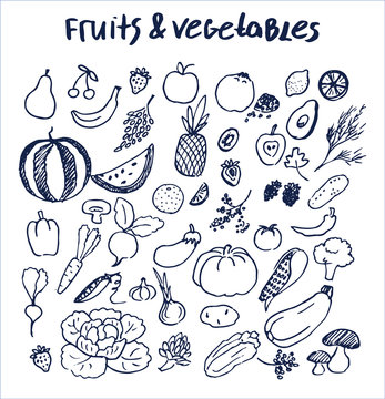 Fruits and Vegetables Set of Hand Drawn Elements