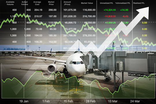 Business marketing data with arrow up show profit and success in travel business investment on index and graph of stock market data background.