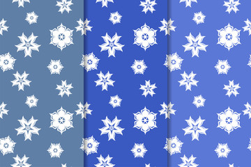 Set of floral ornaments. Vertical blue seamless patterns