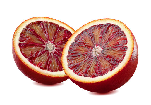 2 Red Blood Orange Half Pieces Isolated On White Background