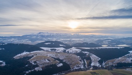 Aerial drone view on Polish Tatra mountains and Czorsztyn Lake.