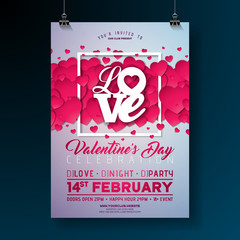 Vector Valentines Day Party Flyer Design with Love Typography Letter and Heart on Clean Background. Celebration Poster Template for Invitation or Greeting Card.